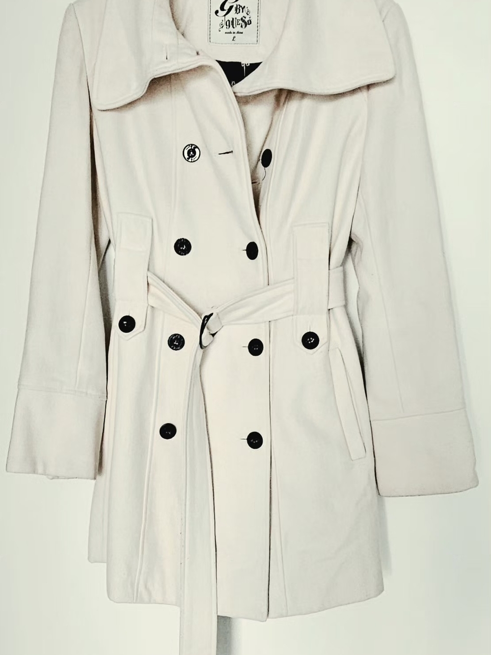 G by Guess Cream Trench Coat with Black Buttons and Waist Belt